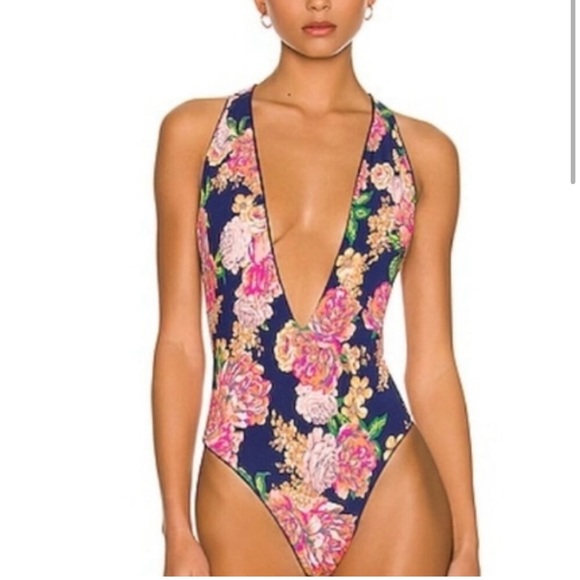 Maaji Other - MAAJI Blue Ribbed Tiki Reversible floral Cheeky One Piece
Swimsuit NWT